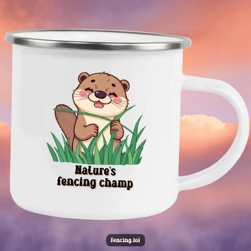 Funny camping mug with a happy otter, determined grin, comically fencing with a long blade of grass, for outdoor enjoyment.