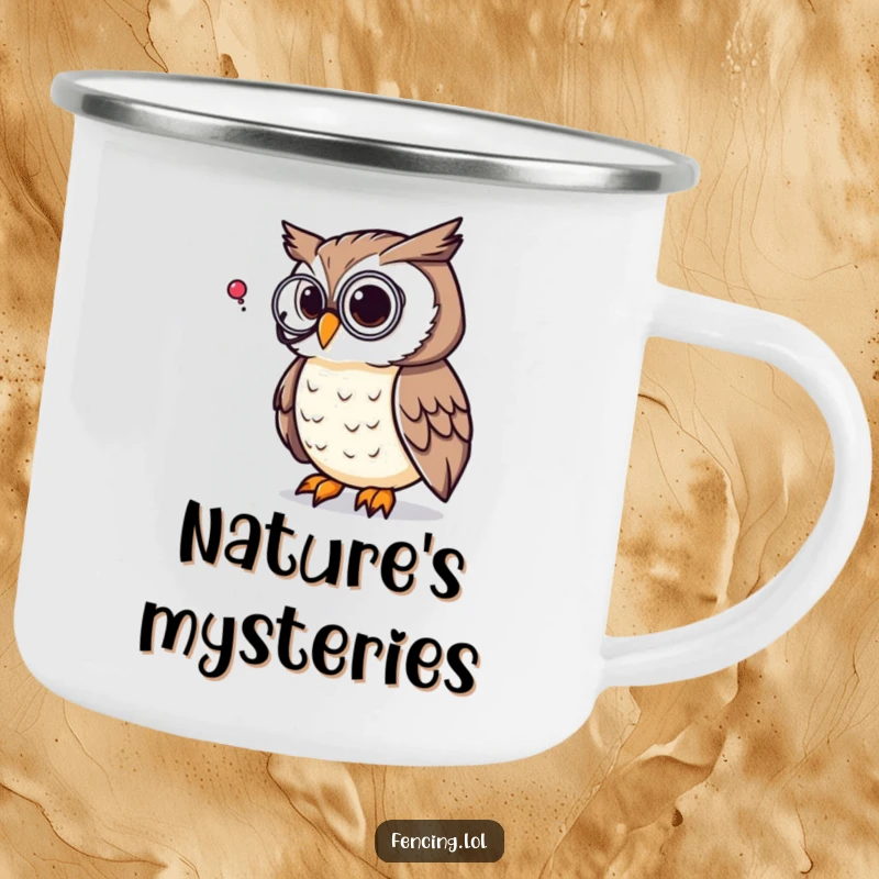 Funny camping mug with a thoughtful owl wearing a monocle, pondering a question mark, durable and humorous for outdoor contemplation, perfect gift.