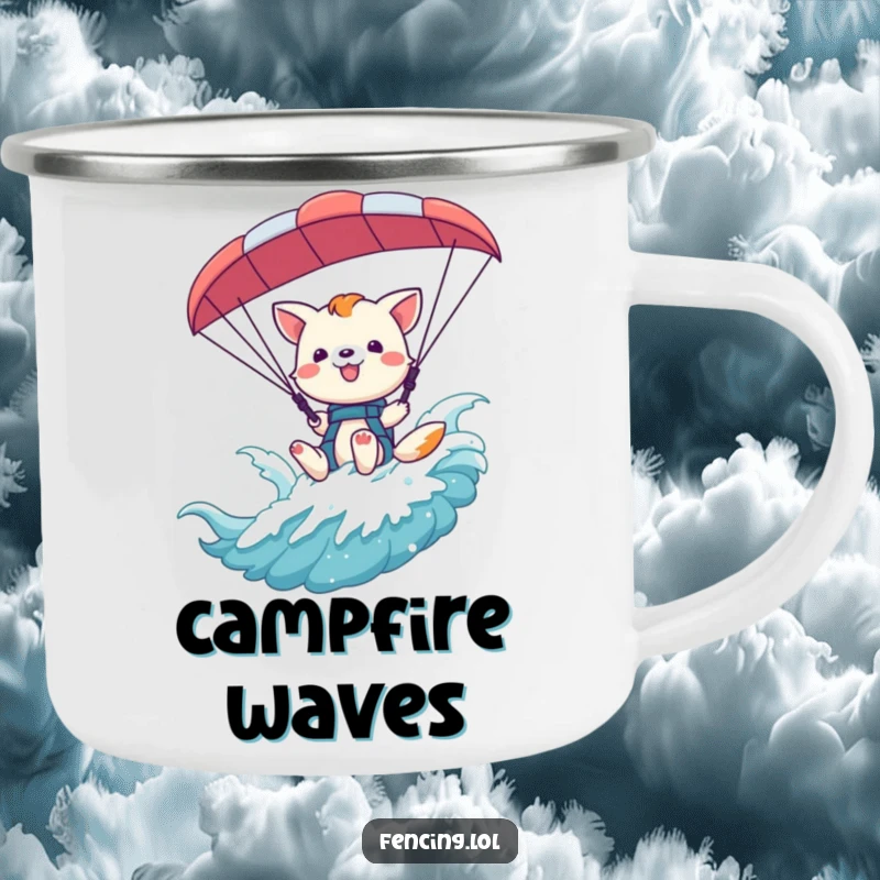 Funny playful animal waving from a paraglider harness on a camping mug, for cheerful outdoor enjoyment.