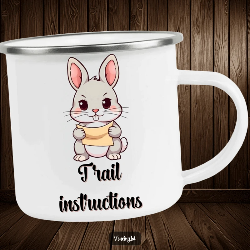 Funny camping mug with a determined rabbit holding a scroll, gaze fixed, durable and humorous for outdoor planning, perfect gift.