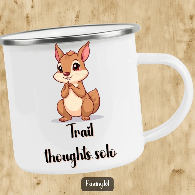 Funny camping mug featuring a playful squirrel in a dramatic, deep thinking pose, perfect for enjoying beverages in the great outdoors.