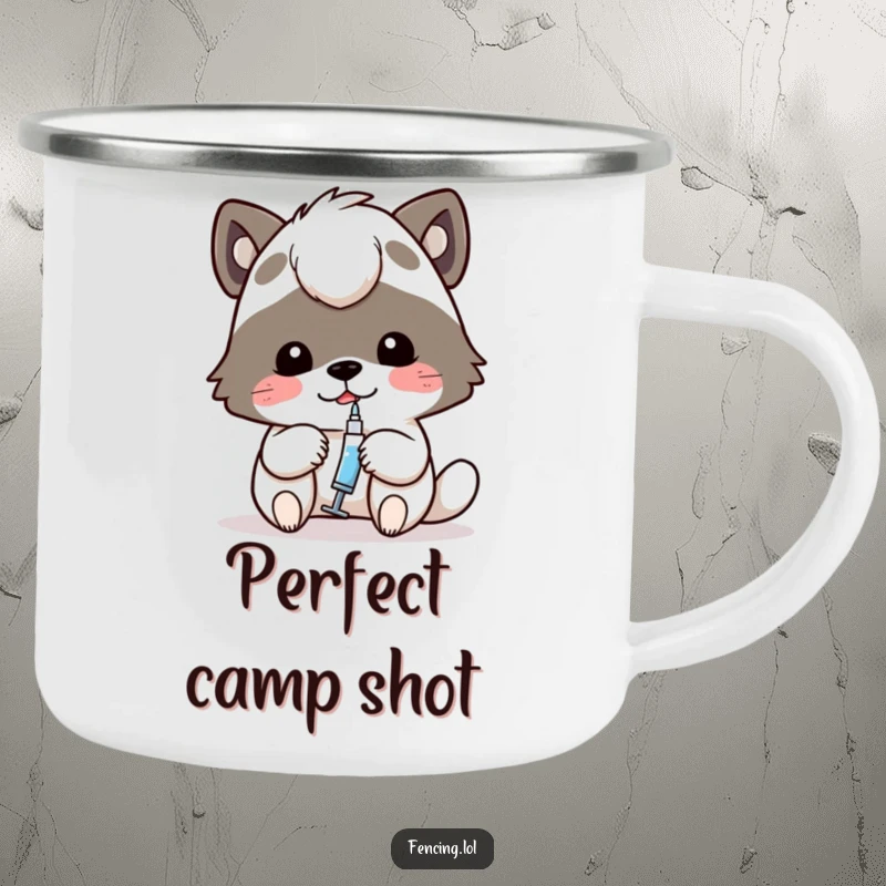 Funny camping mug with a determined animal carefully using a tiny syringe, great for outdoor enthusiasts who value focus.