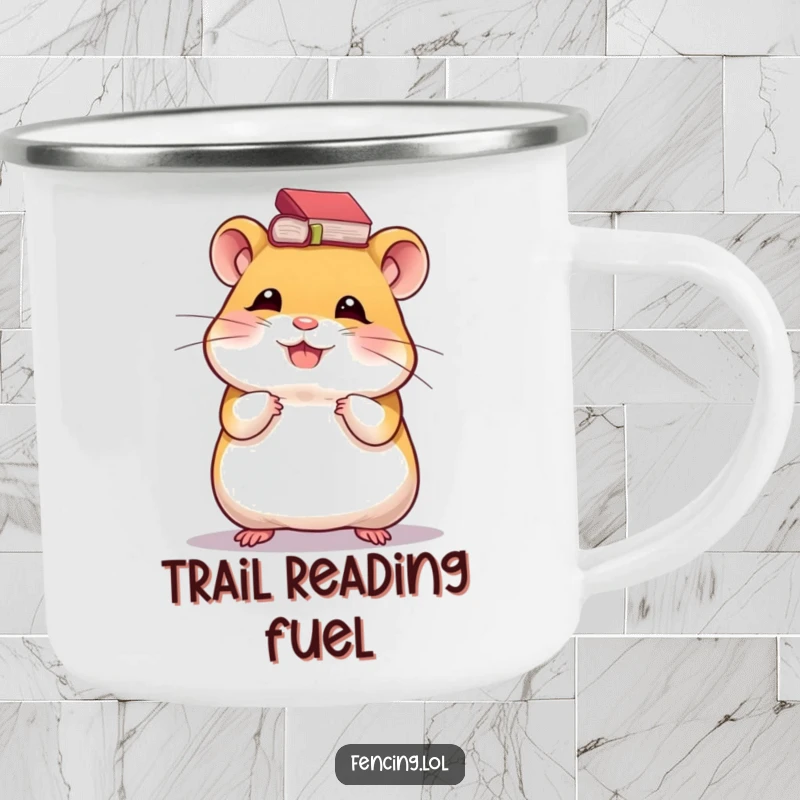 Funny camping mug featuring a giggling hamster balancing a tiny book on its head, bringing scholarly charm to outdoor drinks.