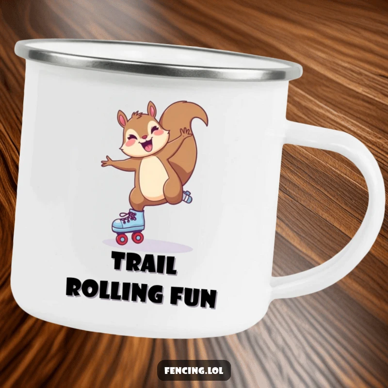 Funny Camping Mug: A joyful squirrel performing a cartwheel on roller skates, a humorous and durable outdoor companion.