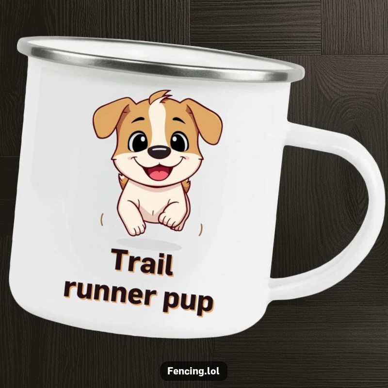 Funny Camping Mug: A curious dog speeding ahead with a grin, a humorous and durable outdoor companion for adventurous souls.