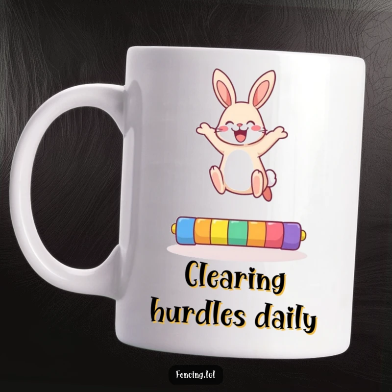 Funny rabbit mug featuring a cheerful bunny mid-air, high jumping over a colorful bar with impressive athleticism.