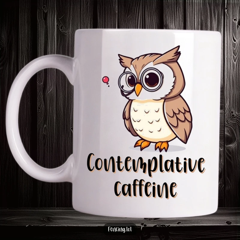 Funny mug featuring a thoughtful owl wearing a monocle, pondering a giant question mark, a symbol of wisdom and intellectual humor.