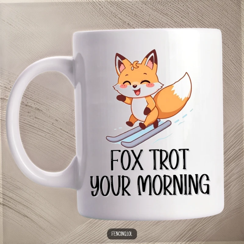 Funny ice skating mug featuring a happy fox joyfully zipping across an ice rink with a big smile.