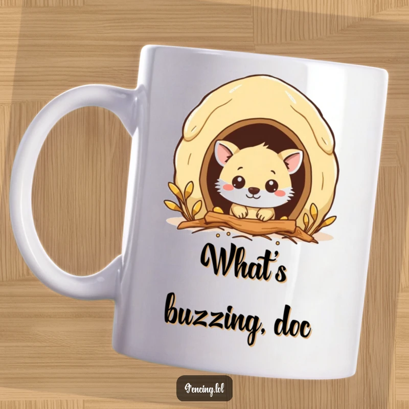 Funny mug showing a curious animal peeking into a beehive entrance, full of wonder and playful intrigue.