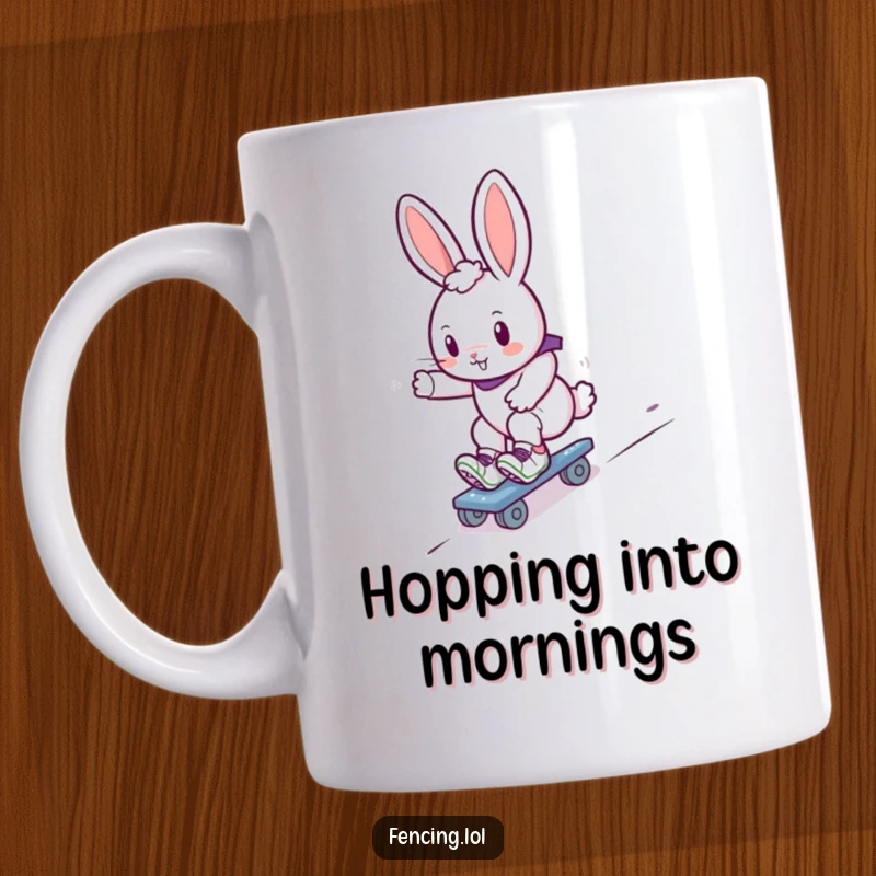 Funny bunny roller skater mug, a cute rabbit effortlessly gliding down a slope on roller skates, full of speed and joy.
