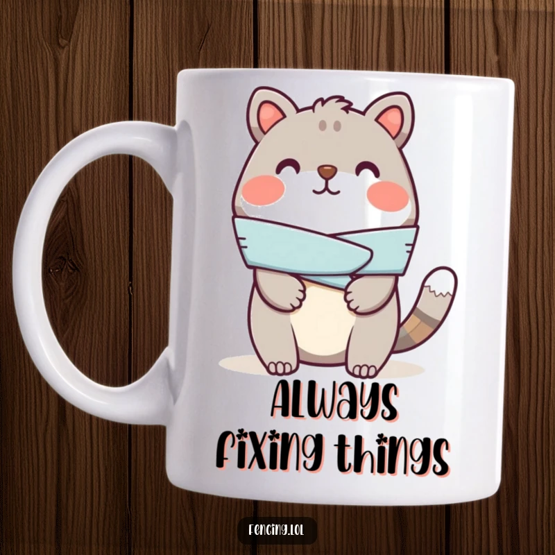 Funny mug featuring a cheerful animal applying a bandage to a pretend injury, showing care and humor.