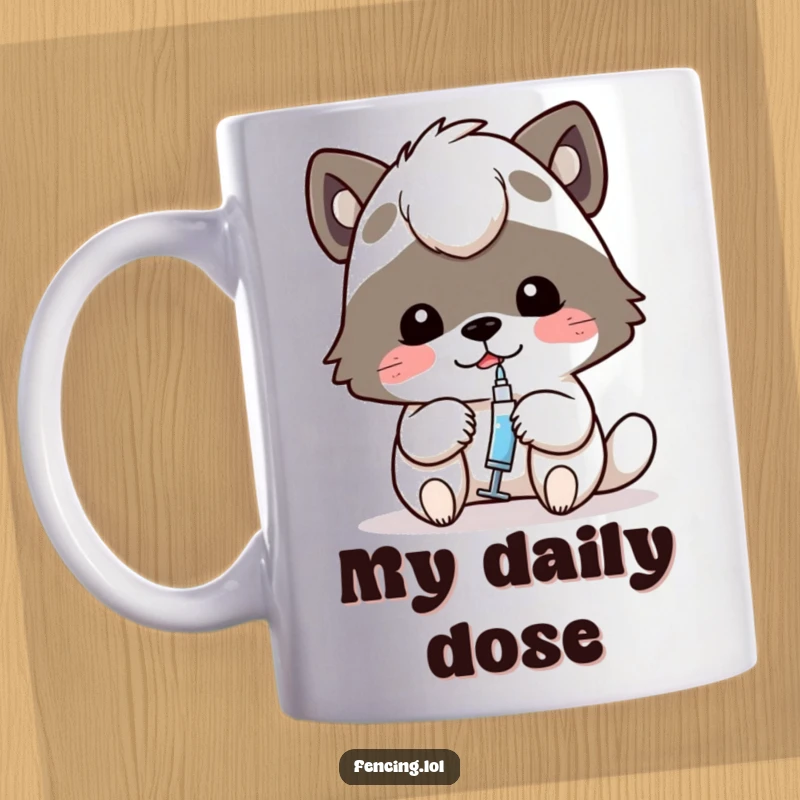 Funny mug showing a determined animal carefully using a tiny syringe, a humorous depiction of focused action.