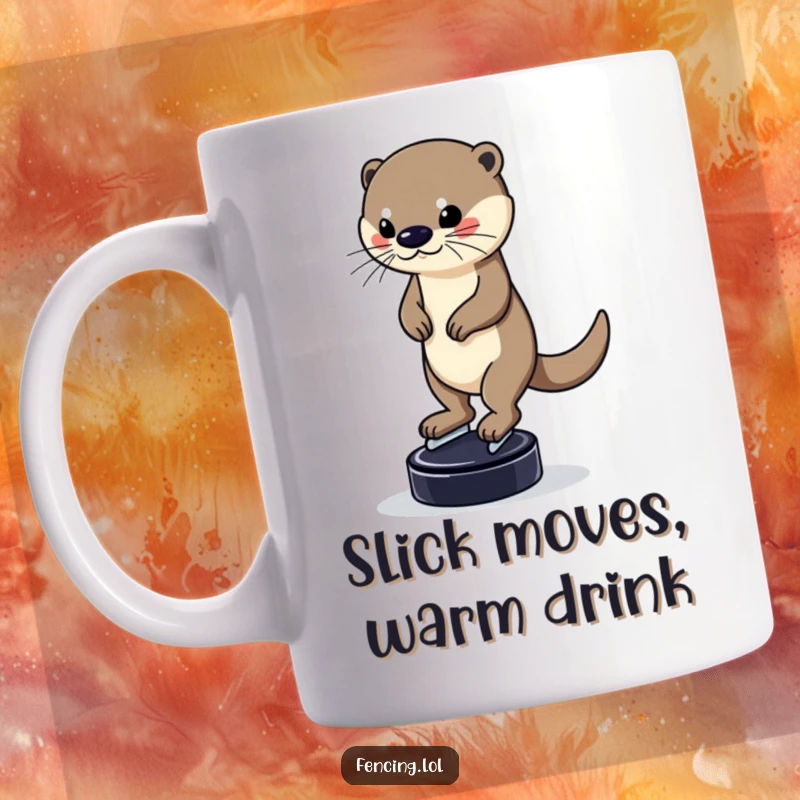 Funny mug featuring a determined otter balancing on a puck while skating, full of impressive skill and humor, perfect for a unique gift.