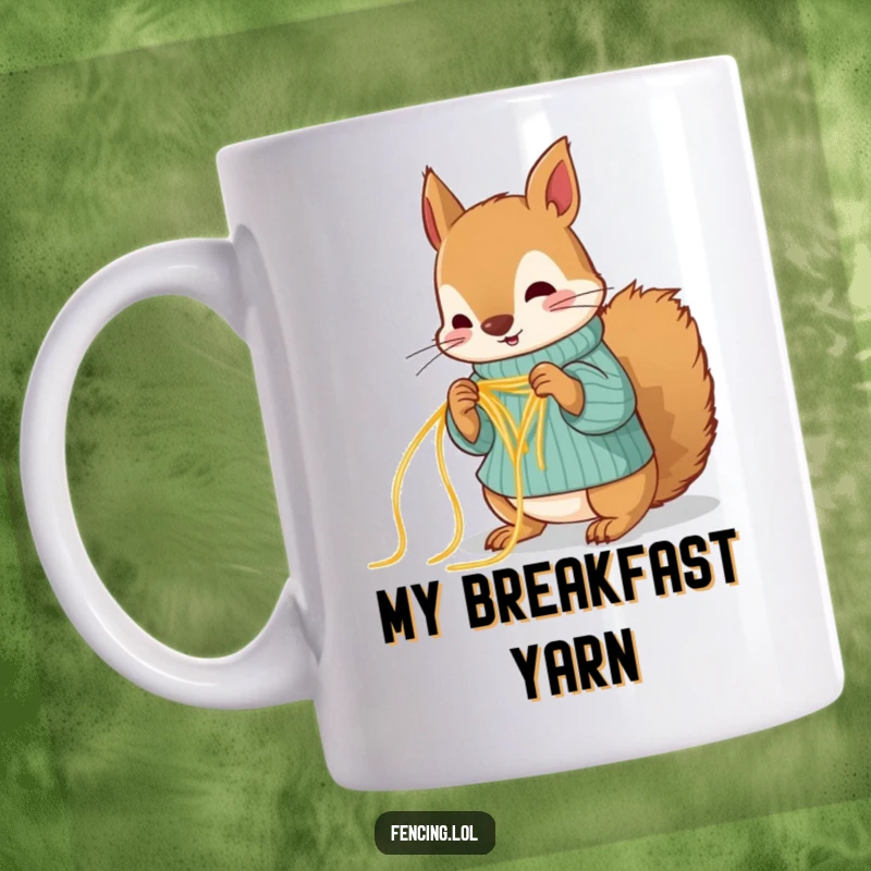 Funny squirrel mug, humorously knitting a sweater using spaghetti strands, showing off its determined crafting efforts.