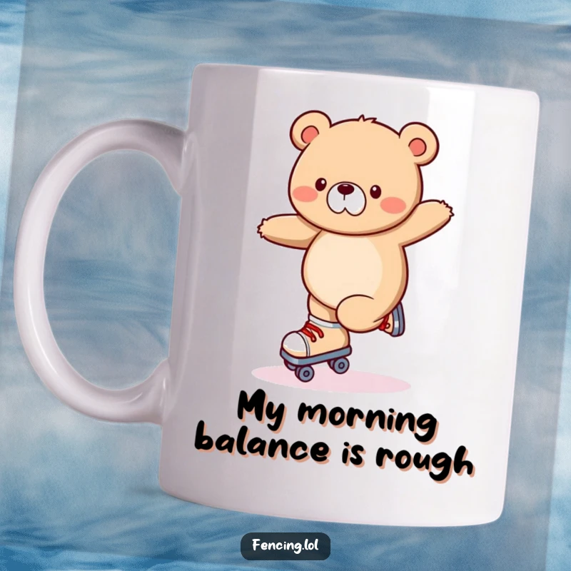 Funny roller skating mug with a wobbly bear attempting a trick, spilling off the skates with a comical expression.