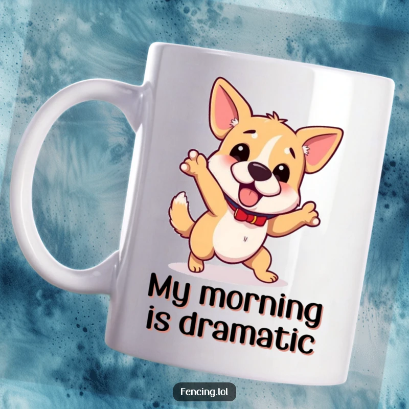 Funny wobbly dog mug, tripping while gesturing, clumsy but enthusiastic, humorous and relatable, perfect gift.