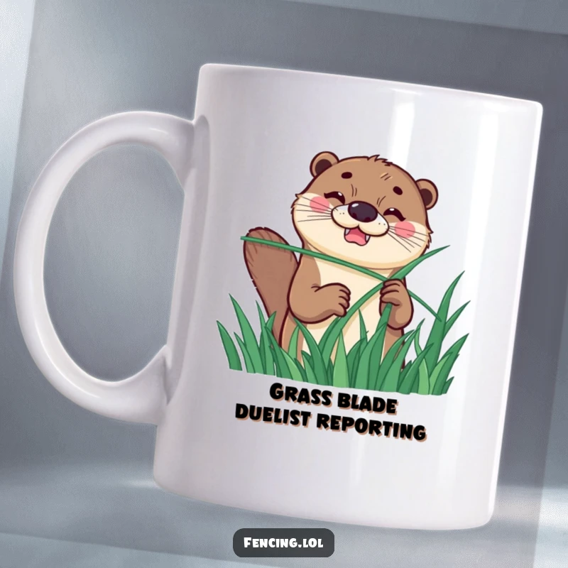 Funny mug showcasing a happy otter with a determined grin, comically fencing with a long blade of grass, exuding playful mischief.