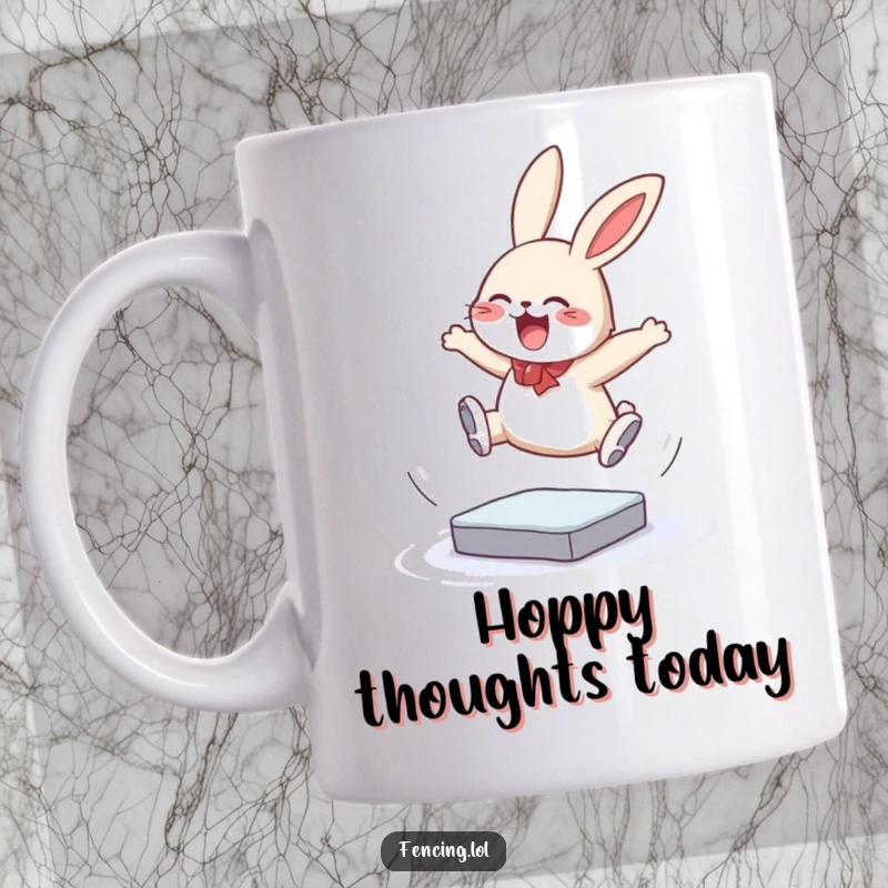 Funny mug featuring a giggling bunny attempting a daring triple jump on ice, full of athletic humor and charm, perfect for a unique gift.