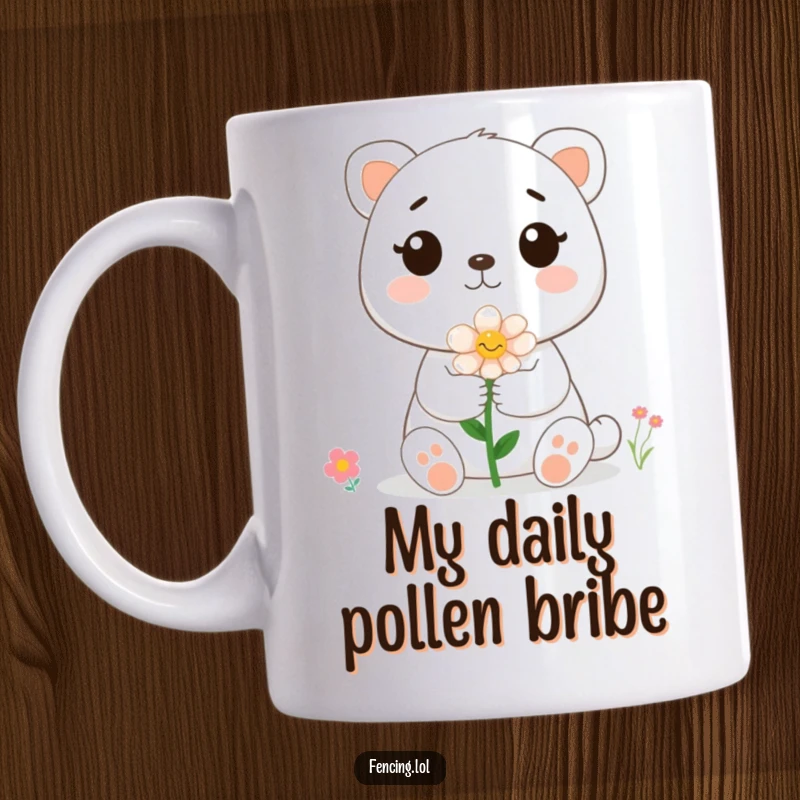 Funny cute animal offering a delicate flower to a buzzing bee on a mug, symbolizing friendship and nature's charm.