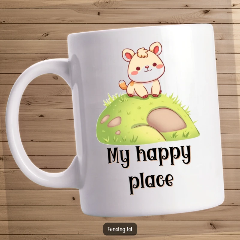 Funny mug showing a happy animal landing gently on a green grassy hill, capturing a moment of pure, soft bliss.