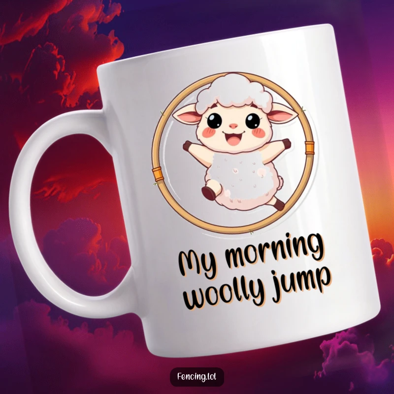 Funny fluffy sheep with a wide grin, joyfully leaping through a hoop, celebrating achievement.