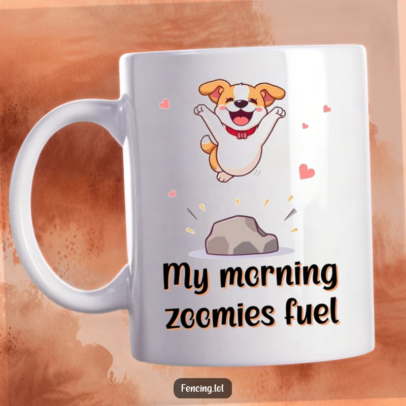 Funny mug with a joyful dog mid-leap, performing a spectacular vault with boundless energy and a happy expression.