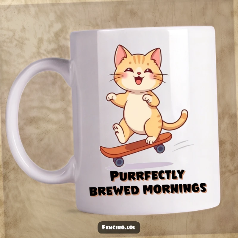 Funny mug featuring a playful cat gracefully gliding across a surface on a single ice skate with cool style.