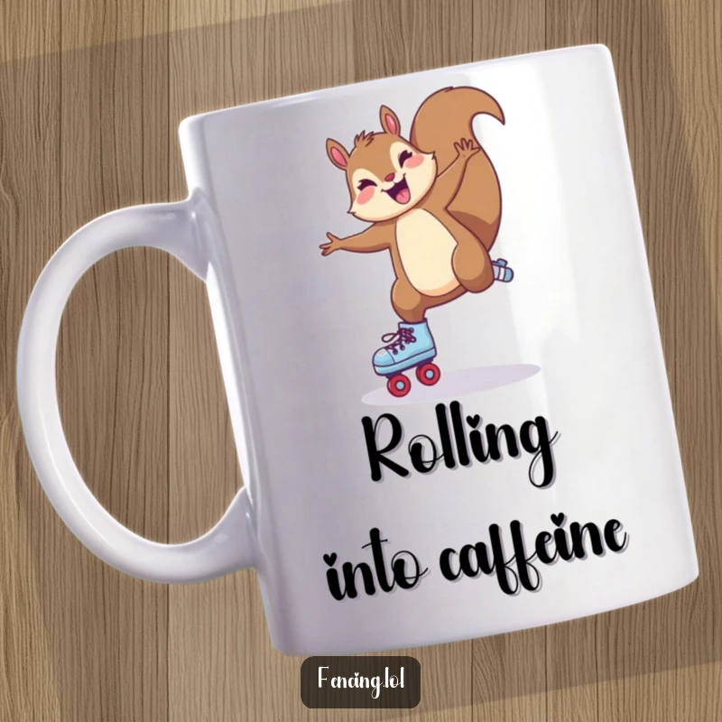 Funny Mug: A joyful squirrel performing an impressive cartwheel on roller skates, showcasing fun and athleticism.
