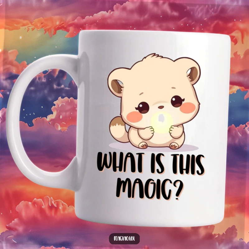 Funny Mug: A cute animal examining a tiny, magical glowing orb with wonder and humor, perfect for adding a spark of fun.