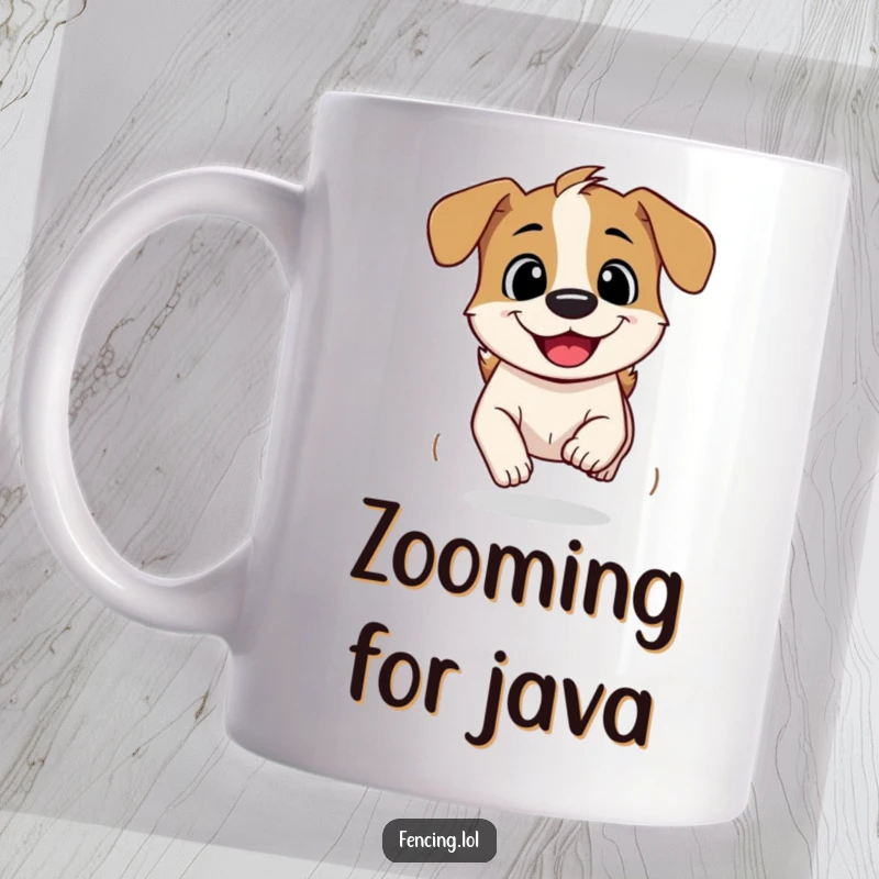 Funny Mug: A curious dog speeding ahead with an infectious grin, showcasing pure joy and canine enthusiasm.