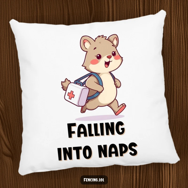Funny pillow with a plush feel, showing a wobbly animal tripping with a medical bag, perfect for humorous relaxation.