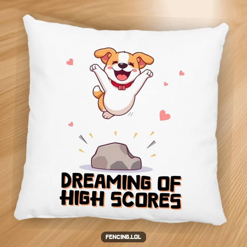 Funny pillow featuring a joyful dog leaping high in a spectacular vault, providing comfort and a touch of energetic, fun decor.