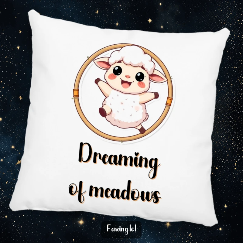 Funny fluffy sheep with a wide grin leaping through a hoop, soft and humorous decorative pillow.