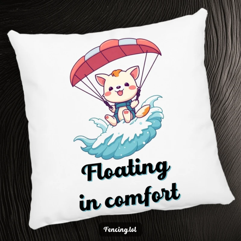 Funny playful animal waving from a paraglider harness on a plush pillow, offering comfort and a cheerful greeting.