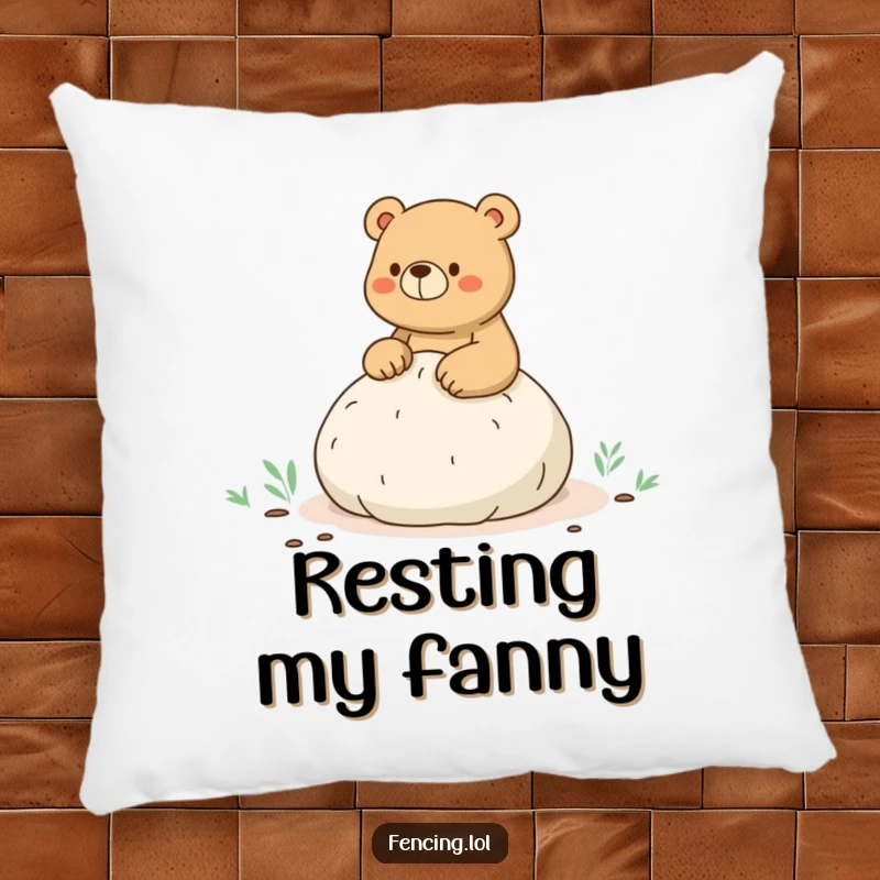 Funny pillow with a humorous illustration of a bear accidentally activating a whoopee cushion during a mountain hike.