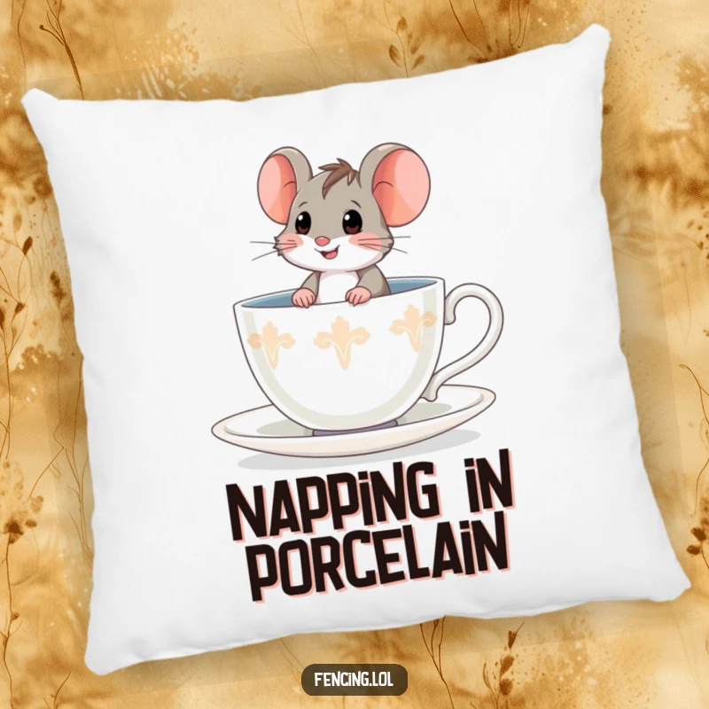 Funny brave mouse pillow, comfortably nestled in a giant teacup, offering comfort and tiny-heroic humor.