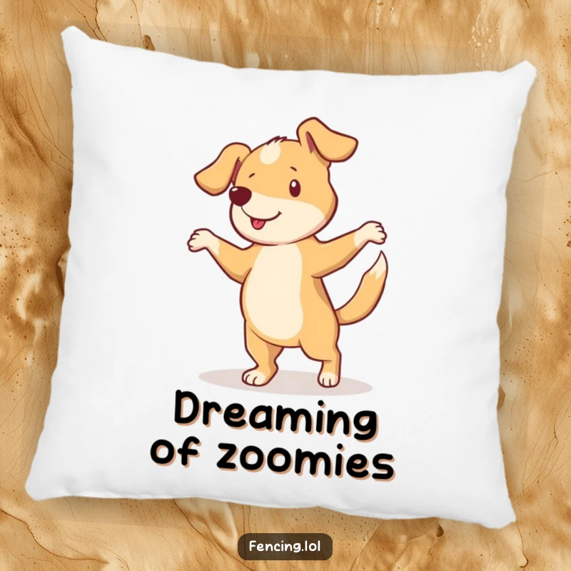 Funny pillow design of a curious dog performing a pirouette with a happily wagging tail, full of playful joy.