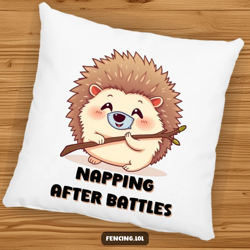 Funny pillow featuring a round, smiling hedgehog with a tiny mask, humorously lunging with a twig, offering comfort and laughs.