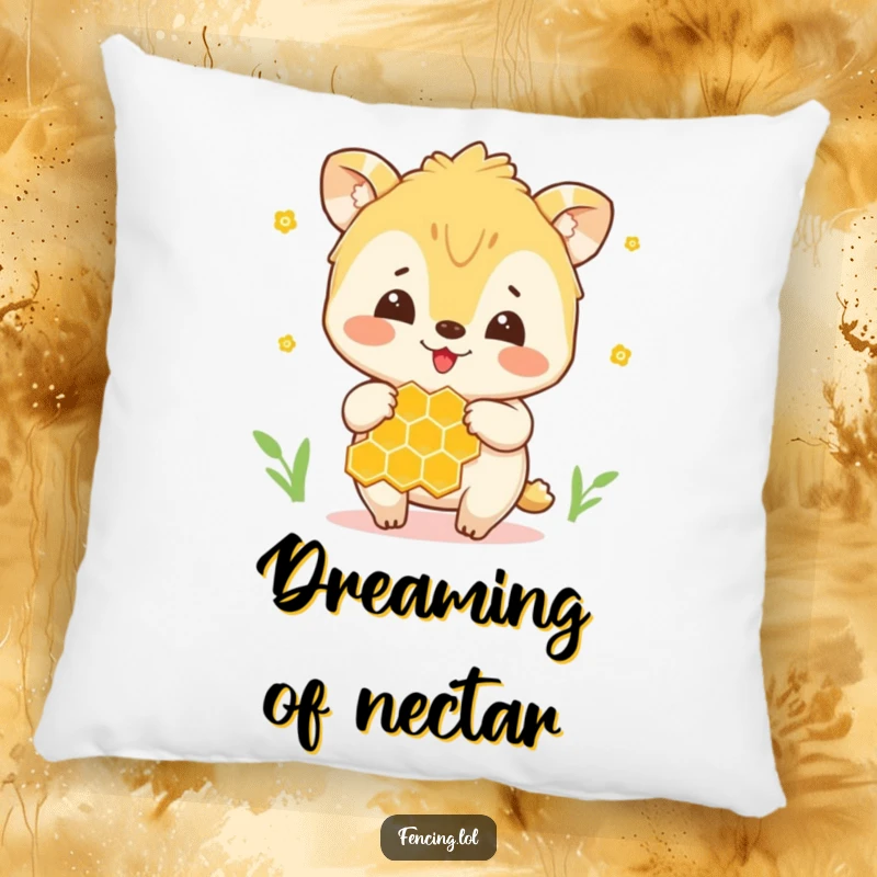 Funny pillow showcasing a delightful animal gently handling a honeycomb, bringing snuggly humor.