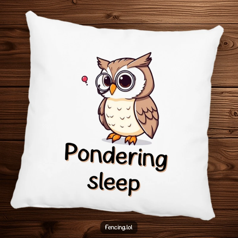 Funny pillow featuring a thoughtful owl with a monocle pondering a question mark, designed for comfort and intellectual humor, perfect gift.