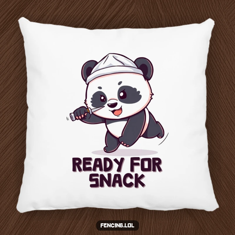 Funny throw pillow showing a determined, small panda wearing a tiny foil hat lunging forward with a foil, a humorous and motivational accent.