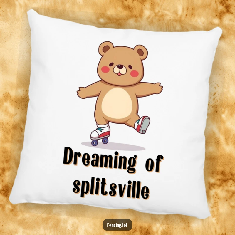 Funny pillow design of a determined brown bear performing a flawless split while balanced on roller skates.