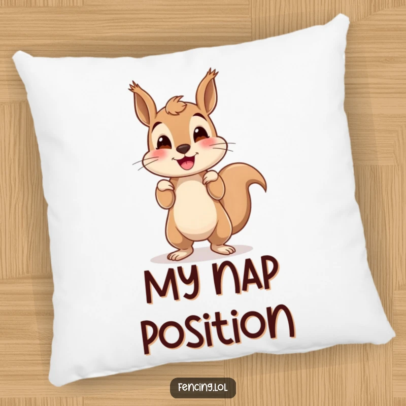 Funny squirrel pillow featuring a smiling, wobbly squirrel trying to do a handstand, perfect for adding a touch of humor.