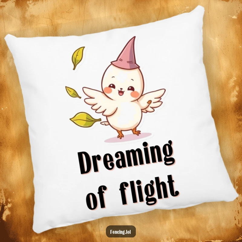 Funny throw pillow showing a cheerful, winged creature wearing a tiny pointed hat parrying a playfully tossed leaf, a humorous and enchanting accent.