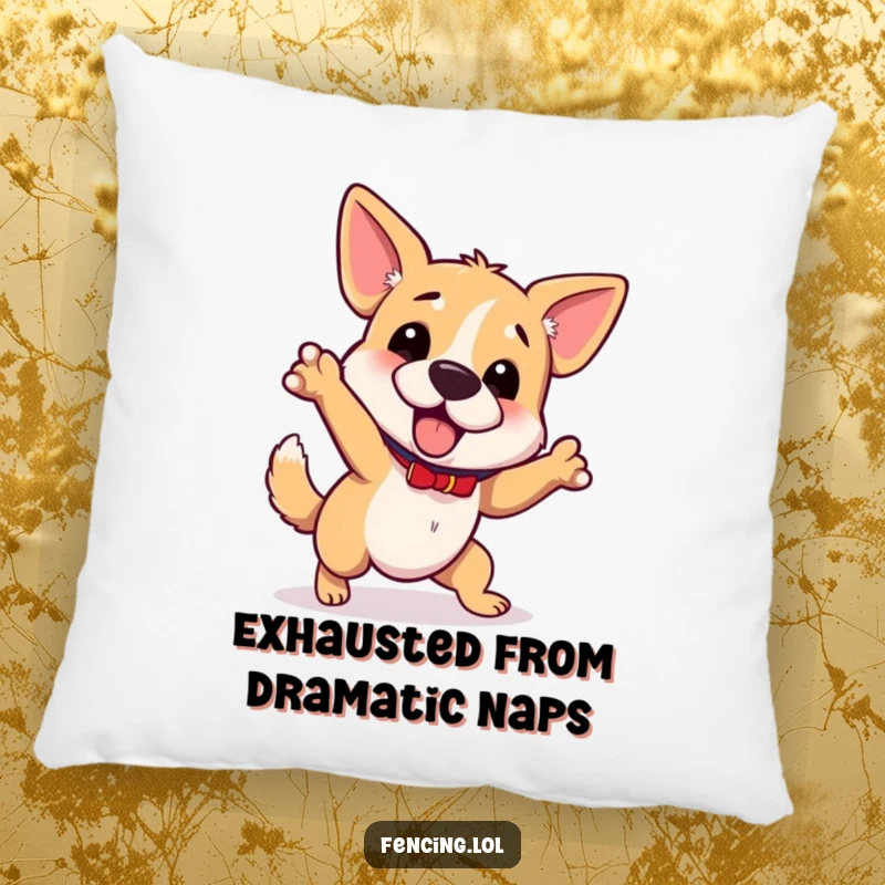 Funny wobbly dog pillow, tripping while gesturing grandly, soft and humorous, relatable clumsiness, great funny gift.