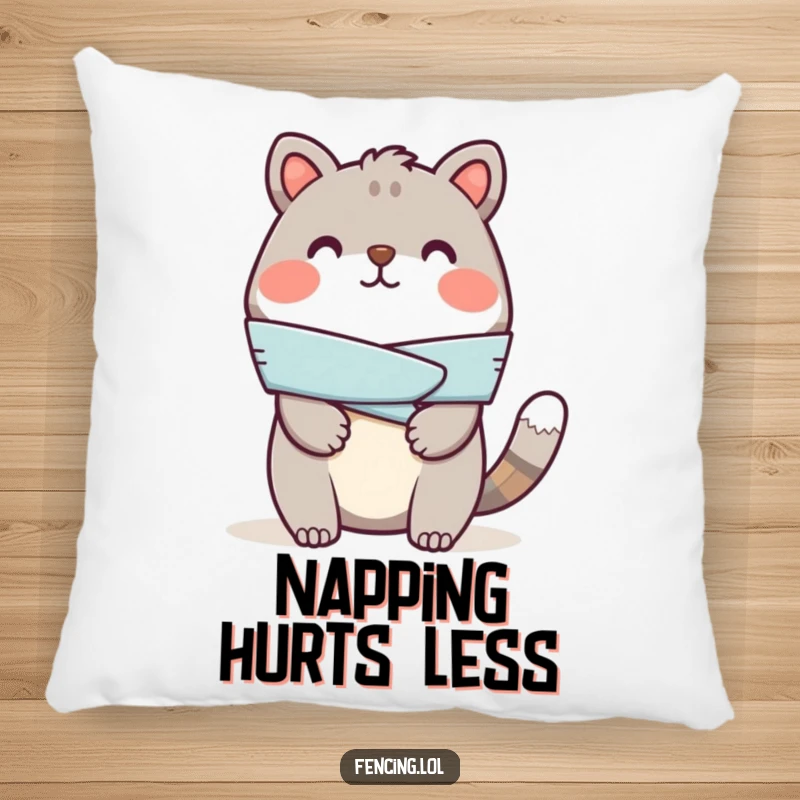 Funny pillow with a cheerful animal bandaging a mock wound, offering comfort and a humorous, caring vibe.