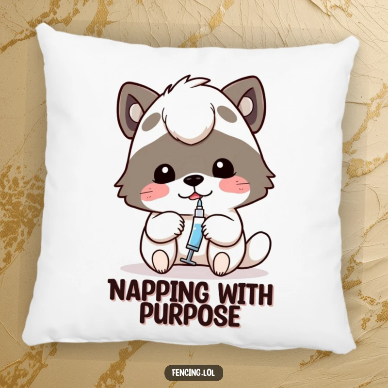 Funny pillow with a plush feel, showing a determined animal carefully using a tiny syringe, perfect for humorous relaxation.