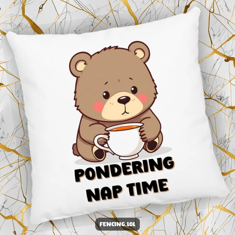 Funny Pillow: A bear lost in humorous thought over a teacup, offering comfort and a touch of introspective funny decor to any room.
