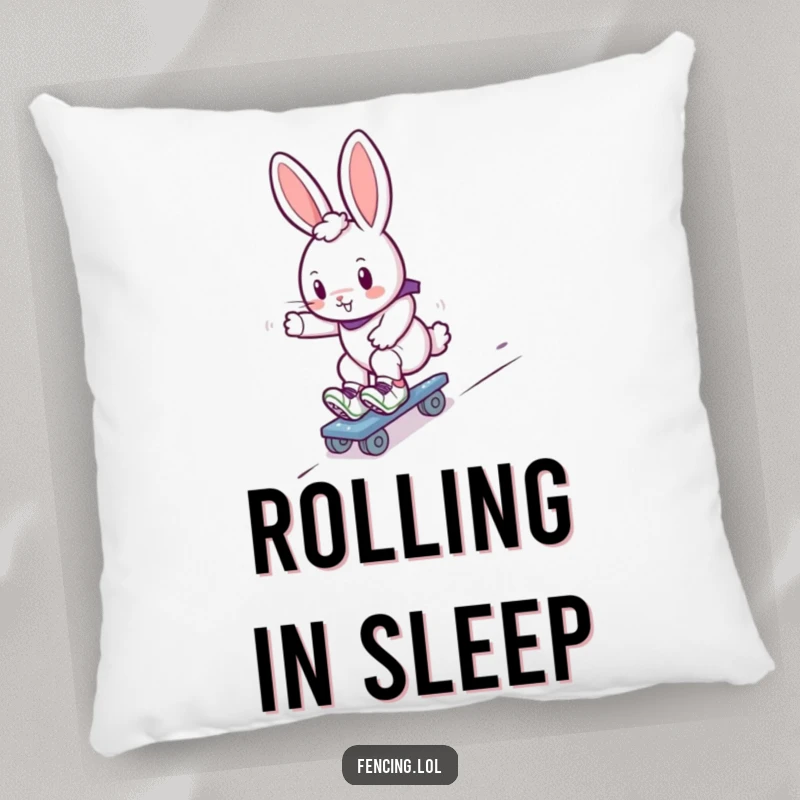 Funny bunny roller skater pillow, a soft cushion depicting a cute rabbit gliding down a slope on roller skates, ideal for comfort.