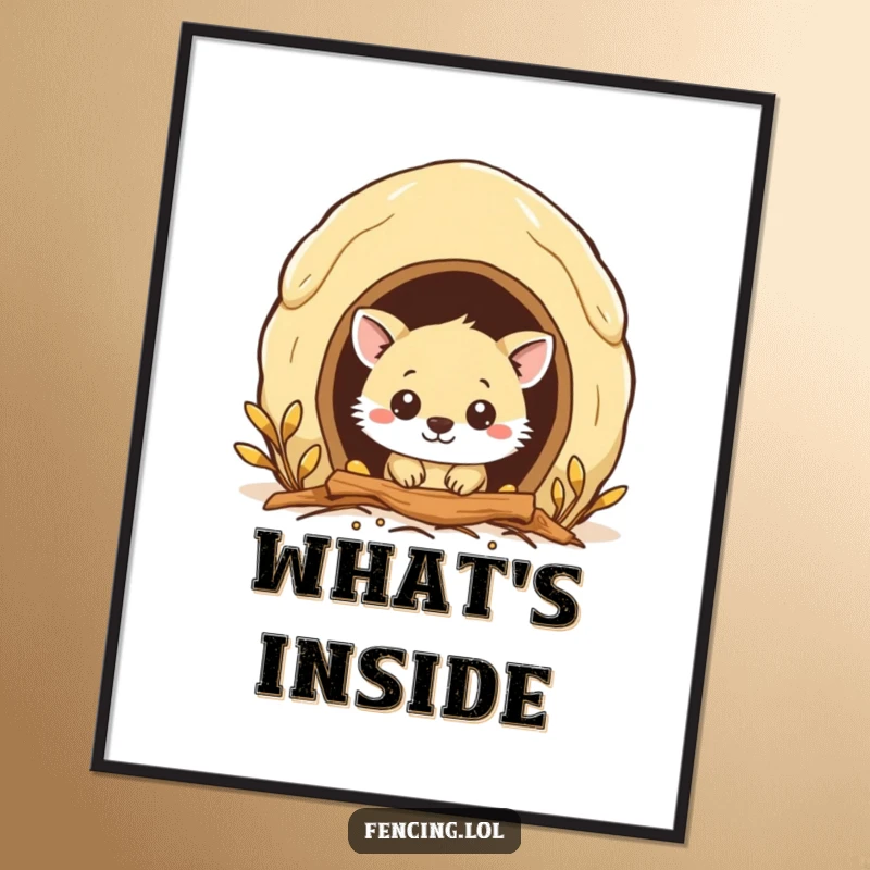 Funny digital art print of a curious animal peeking into a beehive entrance, great for instant whimsical decor.